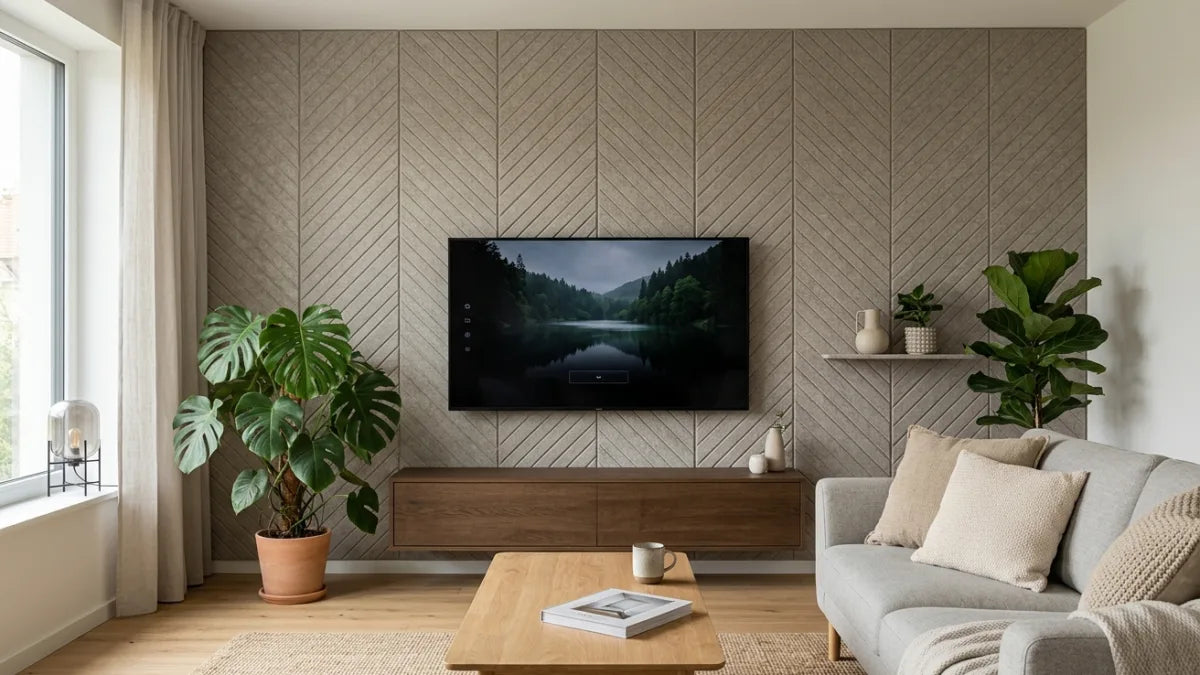 Akustické panely na stěně za televizí v obývacím pokoji